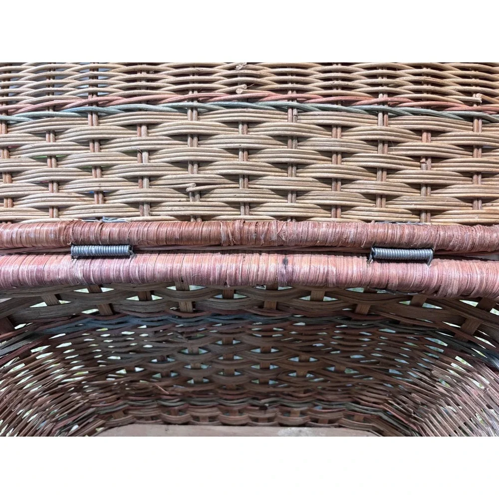 Vintage Style Woven Wicker Picnic Basket Green Rose Accents Hinged Lid